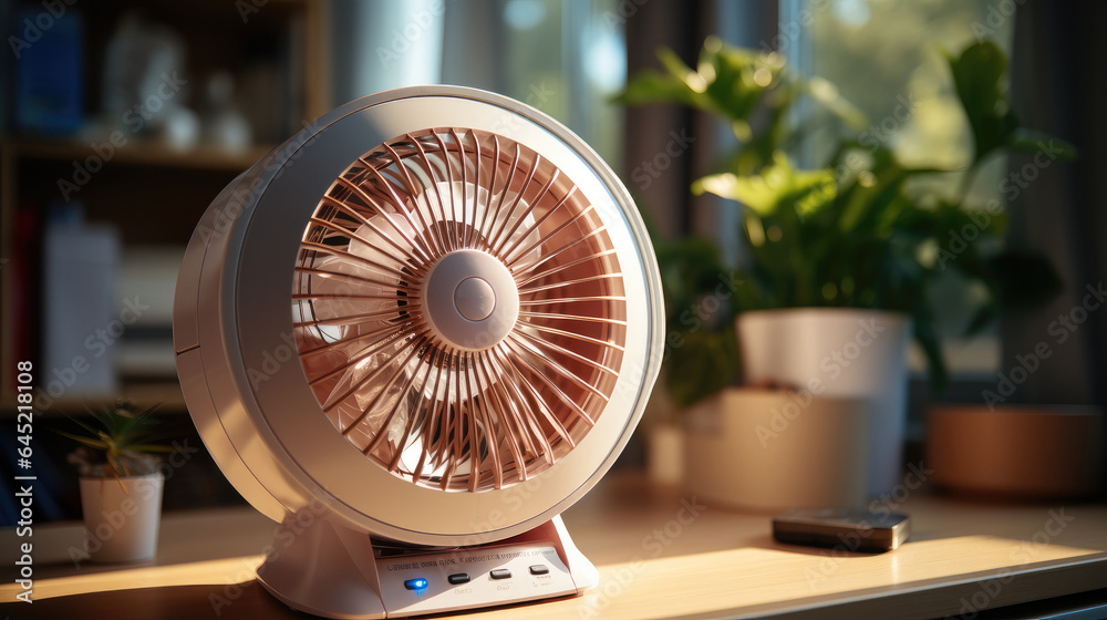 Electric fan on table in kitchen.