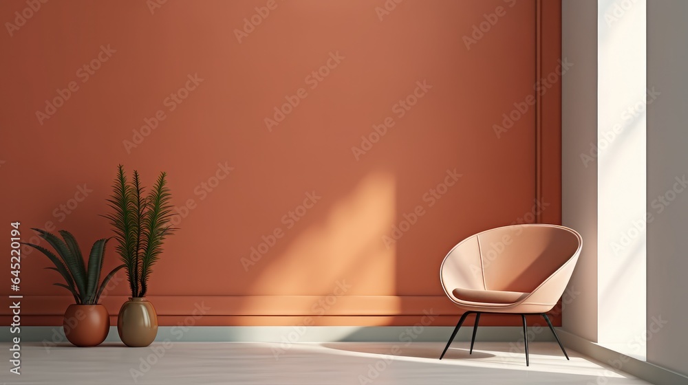 Chair in front of orange wall, Minimalist interior design.