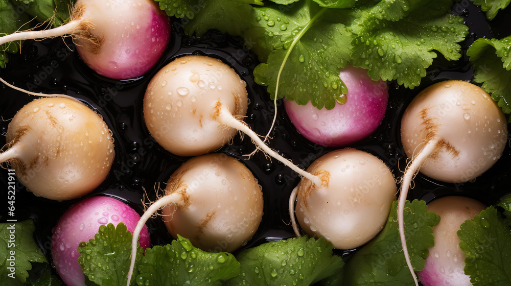 Fresh turnips with water drops background. Vegetables backdrop. Generative AI
