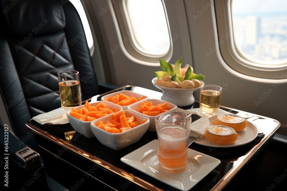 Caviar with seafood on private airplane , High-end luxury food.