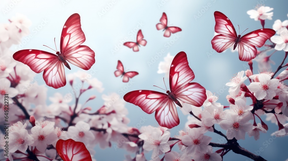 Pink and white butterflies flying on a clear background.