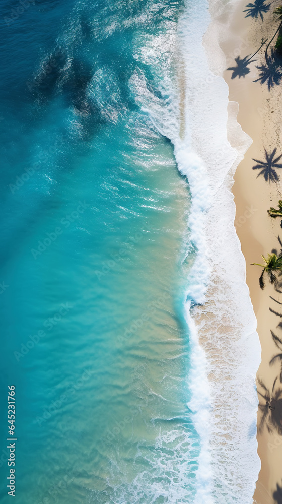 Aerial top view on sand ocean beach with palm trees. Summer vacation paradise concept. Vertical. Gen