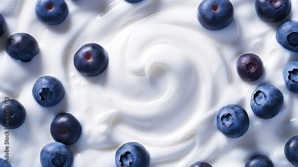 Yogurt and fresh berries blueberries, background. Top view. Generative AI