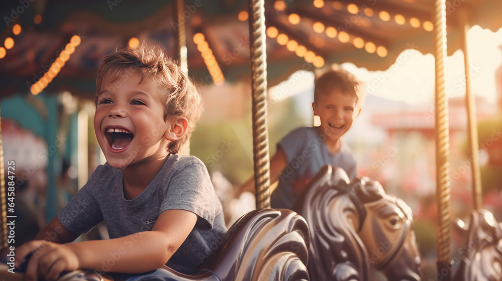 Two happy young boys expressing excitement while on a colorful carousel, merry go round, having fun 
