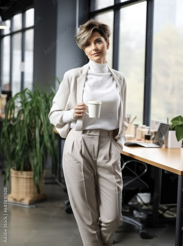 Portrait of businesswoman with coffee standing in modern office.
