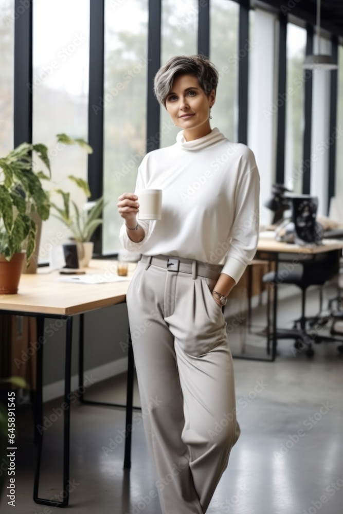 Portrait of businesswoman with coffee standing in modern office.