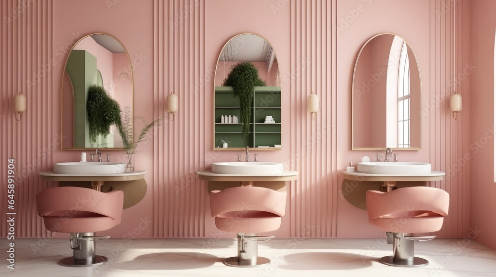 Pink salon interior with armchairs in row and accessories, Modern barber shop.