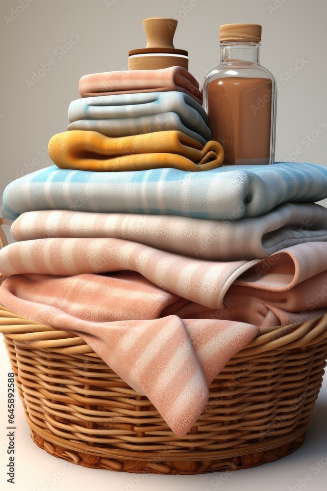 Stack of clean towels in a laundry basket.