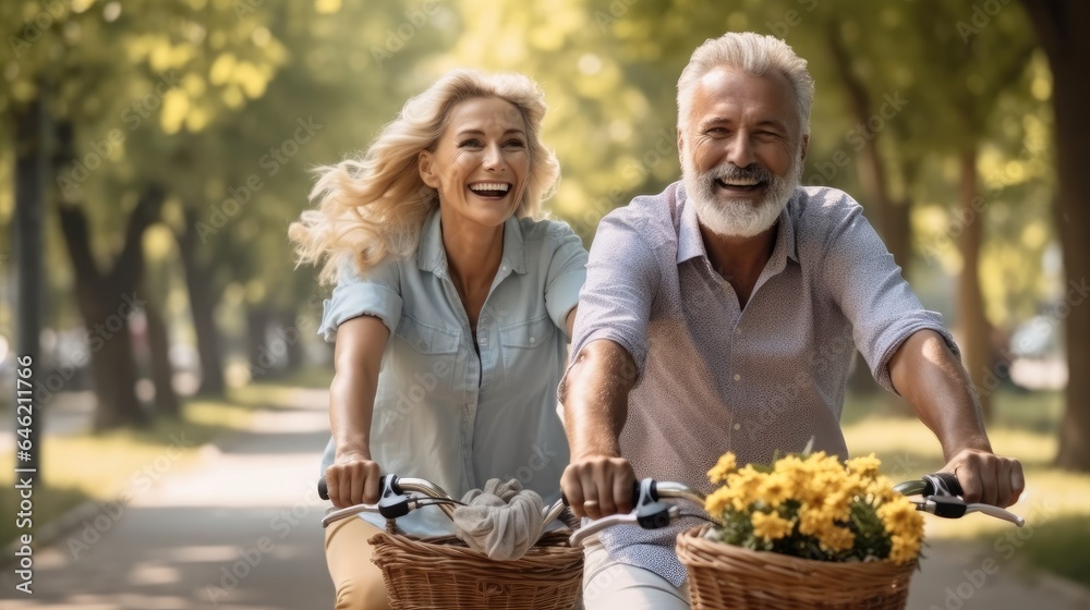 Happy cheerful mature couple enjoying bike ride on street at park.