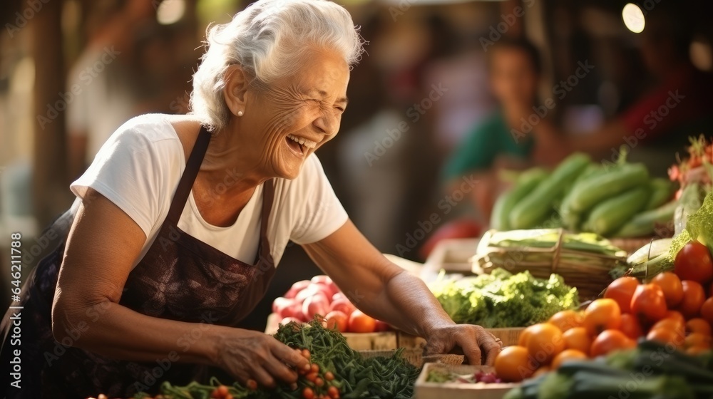 Happy elderly woman are working at the farmers market, Fresh vegetables and fresh fruits.