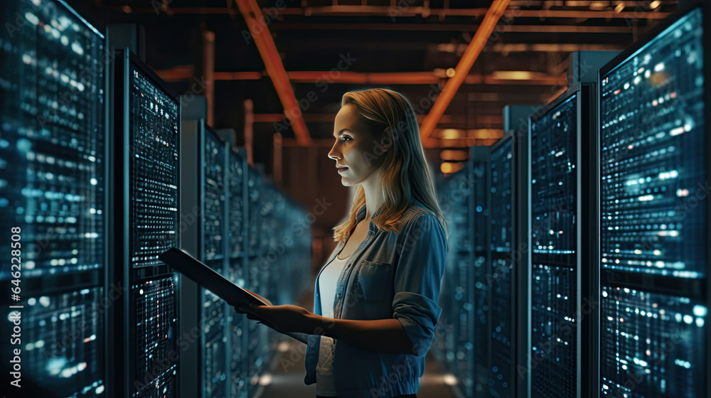 Big Data Center Female Chief Technology Officer Using Laptop Standing In Warehouse, Activates Server