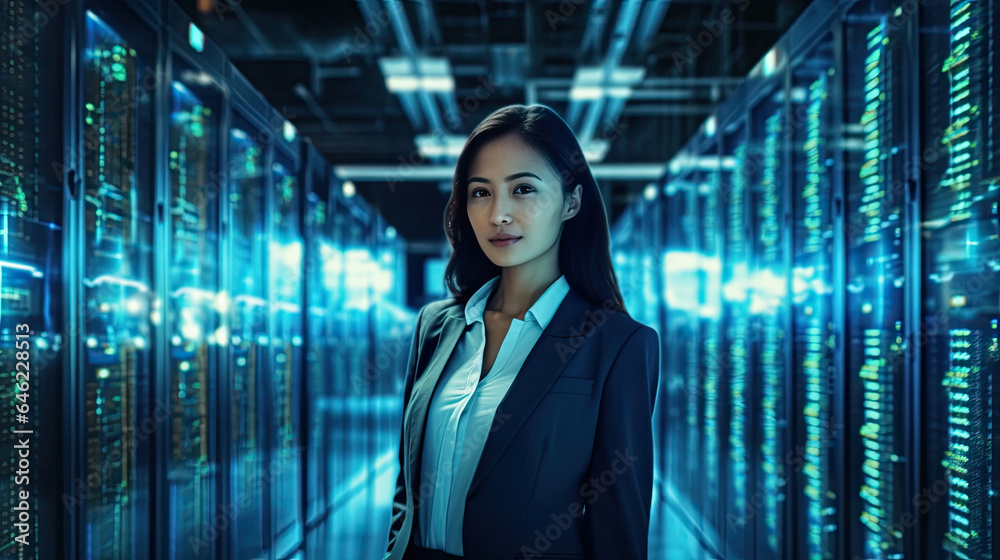 Big Data Center Female Chief Technology Officer Using Laptop Standing In Warehouse, Activates Server