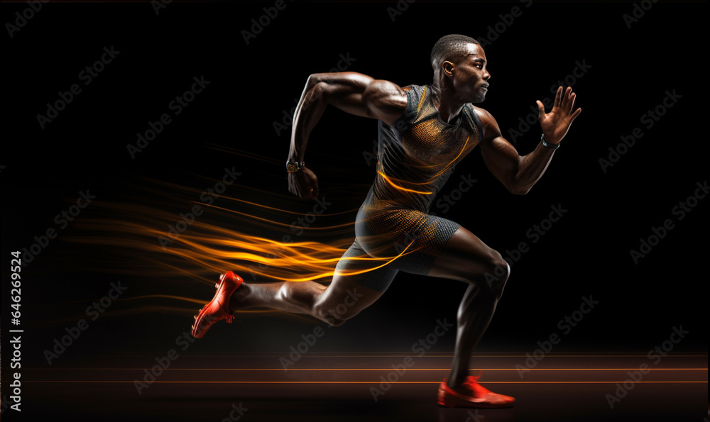 Active young african muscular speed running pose, Sport action pose in stadium running track backgro