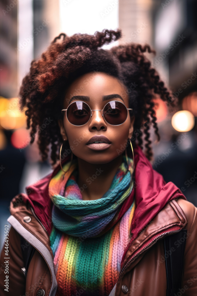 African American woman wearing sunglasses is being portrayed in the middle of a busy city street.