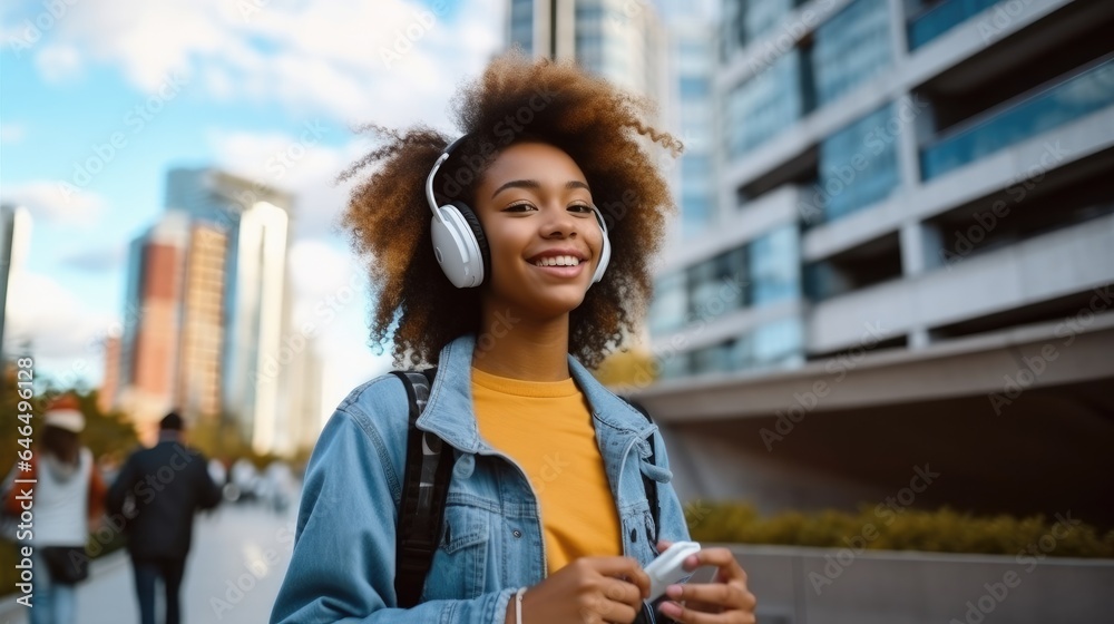 Black student girl wearing headset and using mobile smartphone while walking at college building out