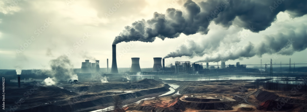Barren dirty environment, Coal power plant pollution, Smoking industrial chimneys.