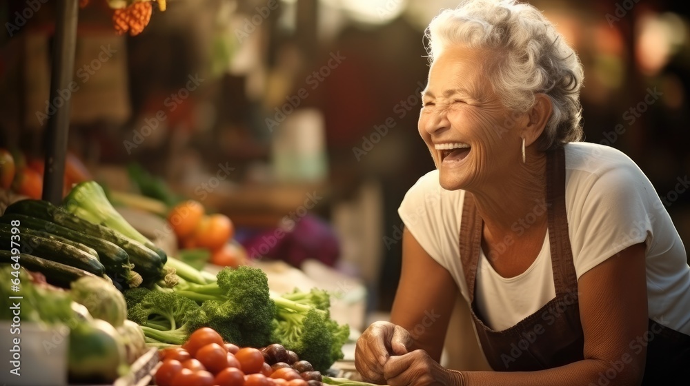 Happy elderly woman are working at the farmers market, Fresh vegetables and fresh fruits.
