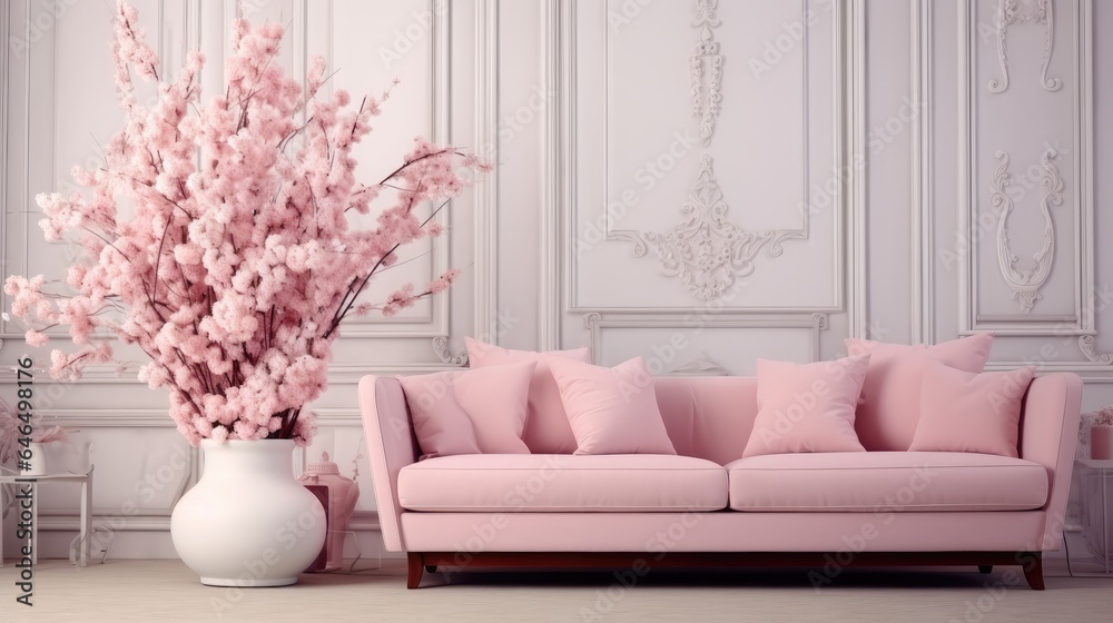 Pink couch in luxurious living room.