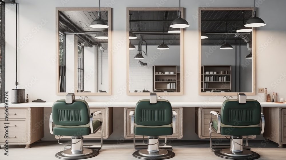 Luxury hairdressing and beauty salon with chairs and Mirrors.
