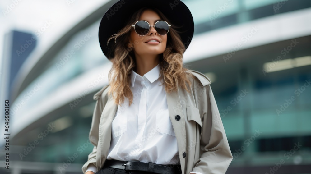 Young stylish woman in sunglasses in a black hat walks on street against the backdrop of office buil
