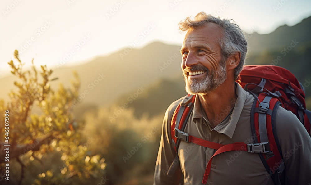 Male hiker traveling, walking alone Italian Tuscan Landscape view under sunset light, man traveler e