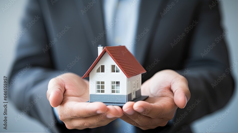 A businessman in a suit holds a model of a house on his palms. The concept of mortgage lending, real
