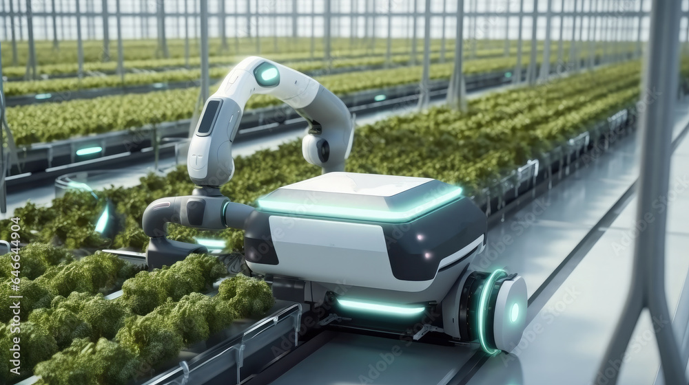 Smart farming and technology, AGV robot courier cars transporting hydroponics vegetable crates to st