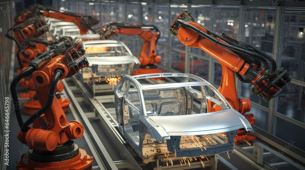 Many robotic arms doing welding on car metal body in manufacturing plant, Cars on production line in