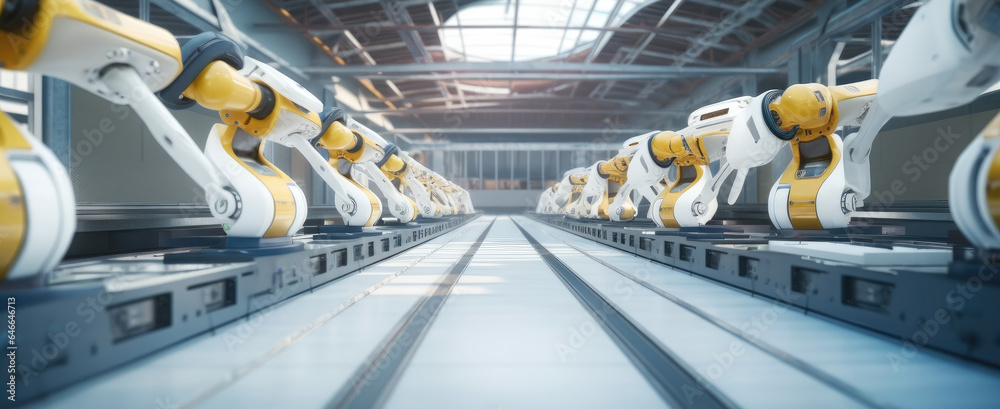 Production line with robotic arms, Robotic arm in futuristic assembly manufacturing factory.
