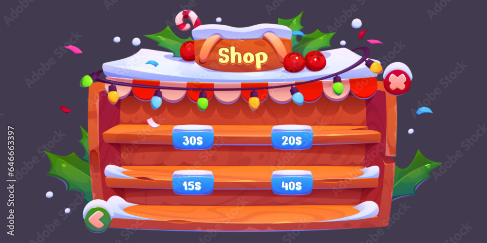 Game shop Christmas interface - cartoon vector ui snowy wooden rack with shelves and prices. Empty s