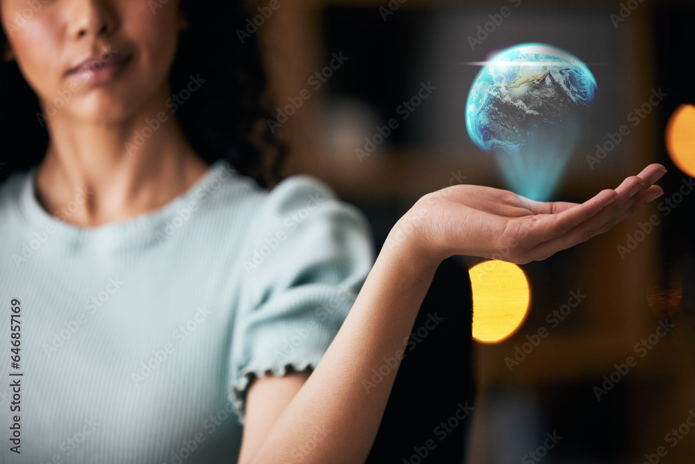 Business woman, hand and hologram of Earth, global network and 3D with futuristic and innovation. In