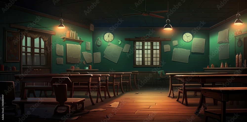 A classroom with a blackboard, desk, pens, and school supplies
