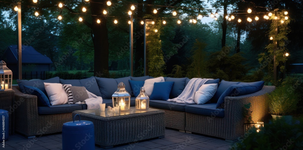 Rooftop terrace decorated with outdoor lighting and pillows