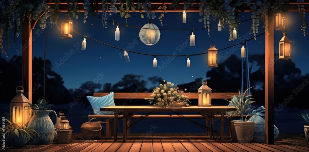 Rooftop terrace decorated with outdoor lighting and pillows