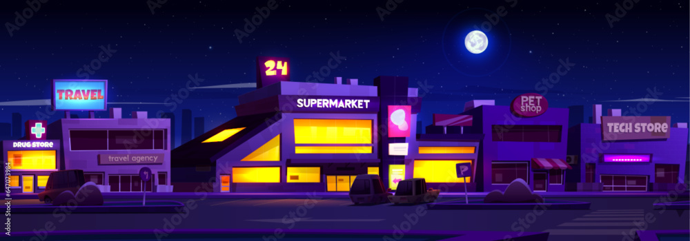 Parking lot of shopping center or supermarket at night - illuminated shop and pharmacies windows and