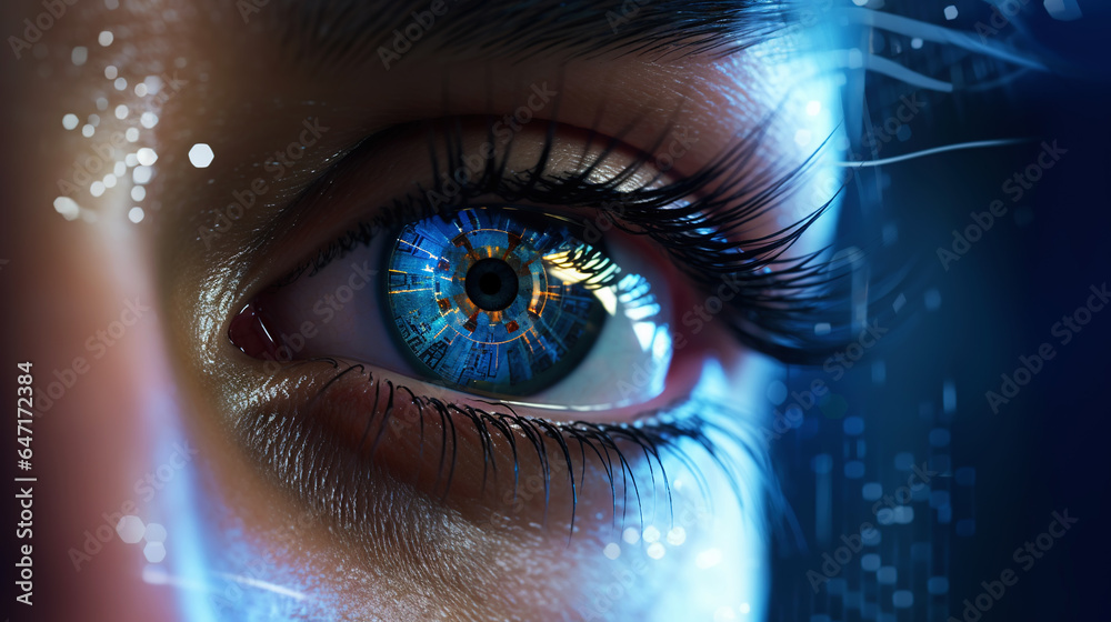 Female android robot eye close up. Digital iris of cyber woman. Bionic technology concept. Generativ