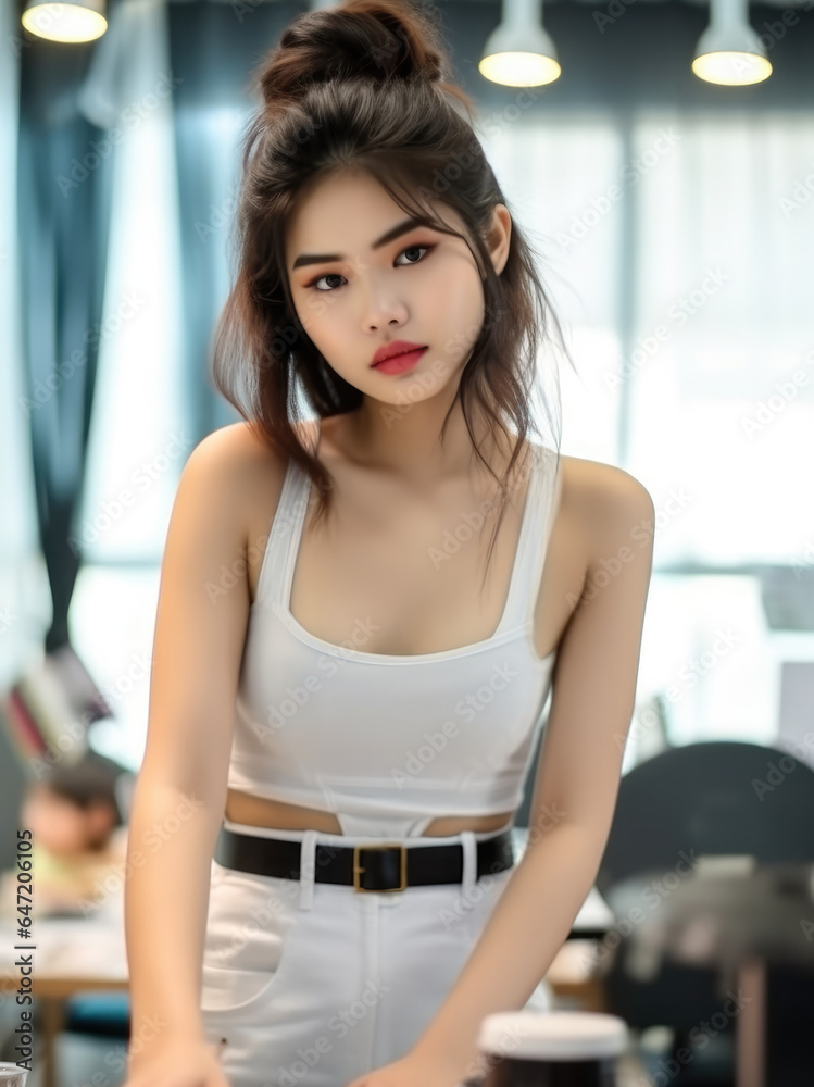 Beautiful Asian young woman in office of fashion designer.