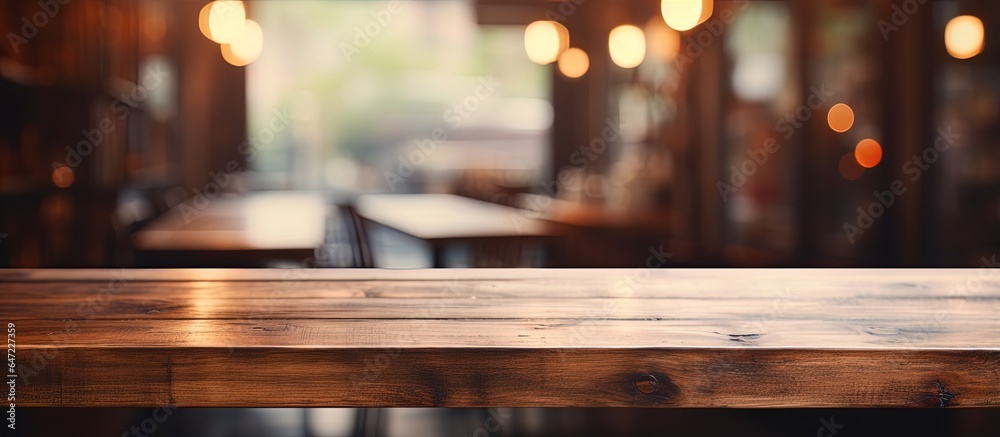 Blurry coffee shop background with wooden table in focus