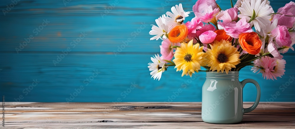 Colorful mug on wooden background with spring bouquet
