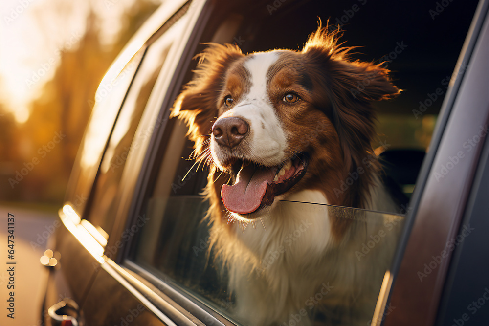 Adorable cute fluffy dog looking from car window riding fast enjoying summer vacation trip generated