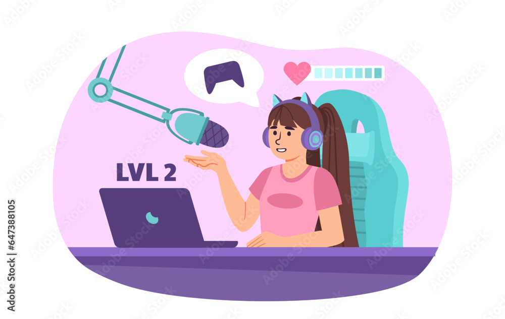 Girl play computer game concept. Woman with arcade game at laptop. Streamer, blogger and content cre
