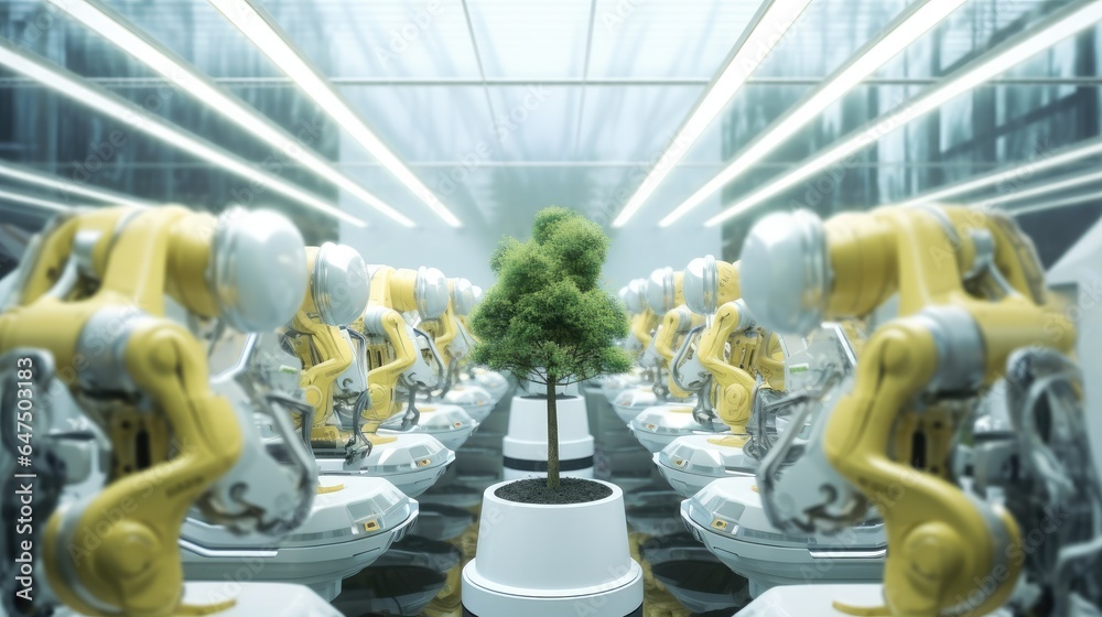 Multiple numbers of robotic arms working together cloning trees at futuristic factory.
