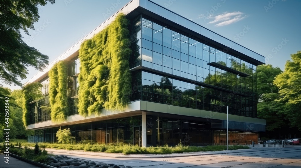 Sustainable glass office building with tree for reducing carbon dioxide, Office building with green 