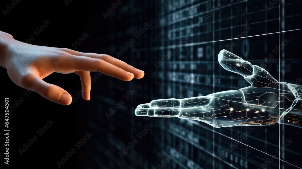 Artificial Intelligence technology digital twin driven smart concept, Hands of Robot and Human Touch