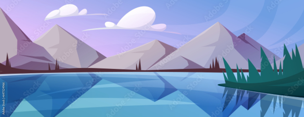 Mountains with lake or river and fir trees. Cartoon vector landscape with spruce on bank of pond and