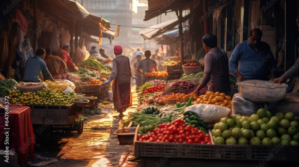 A diversity of vendors and customers, Vegetables and fruits in vegetable market on street. Generativ