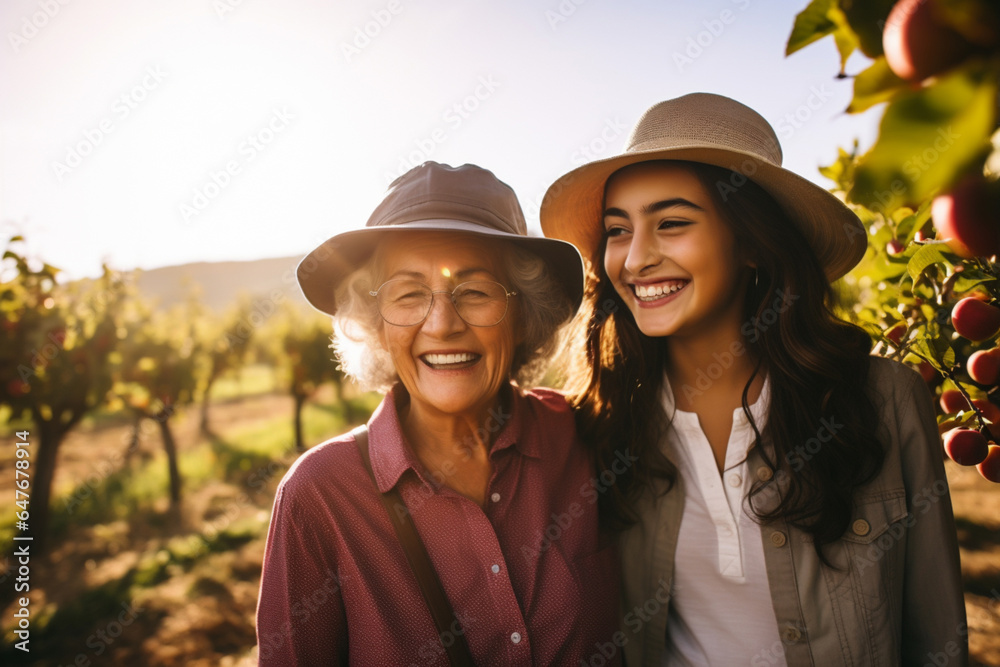 Grandmother and granddaughter visit an apple orchard, rejoice in picking apples in the garden, fresh