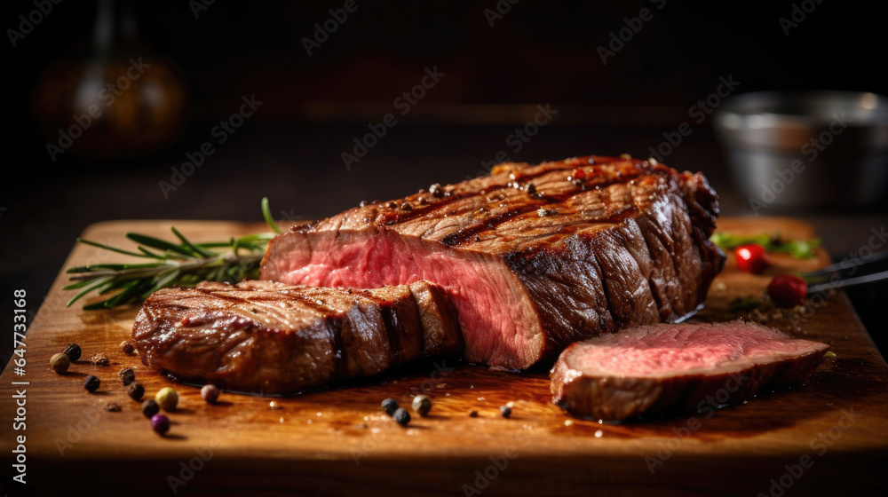Beef, Sliced grilled meat steak Rib eye medium rare set on wooden serving board. Generative Ai