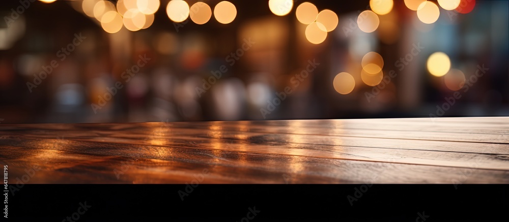 Empty brown wooden table with coffee shop or restaurant background for your photo montage or product