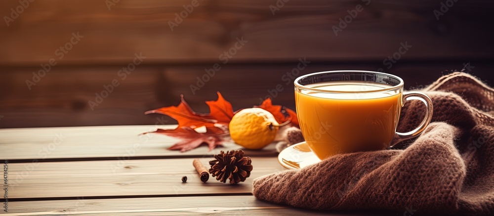 Cozy autumn winter concept with a beautiful cup of tea and sweaters on a wooden background